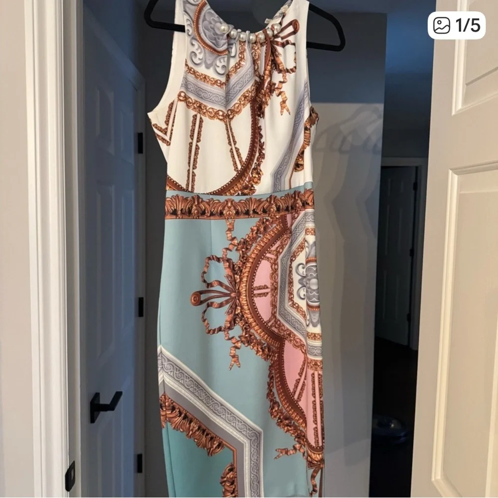 Ted Baker elegant Blue and Pink Patterned Midi Dress with pearls ! - Picture 4 of 4